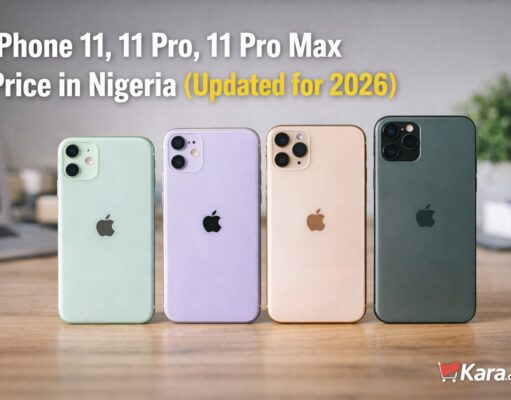 Comparing iPhone 11, 11 Pro, 11 Pro Max Price for better value iPhone 11, iPhone 11 Pro, and iPhone 11 Pro Max displayed on a desk showing different colours and sizes for a price guide in Nigeria.