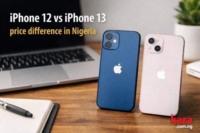 iPhone 12 and iPhone 13 placed side by side on a desk showing comparison of price difference in Nigeria for smartphone buyers