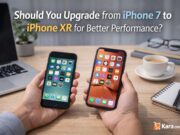 Facts about iPhone upgrade from iPhone 7 to iPhone XR? Comparison between iPhone 7 and iPhone XR held in hands on a modern desk workspace showing upgrade decision for better smartphone performance.