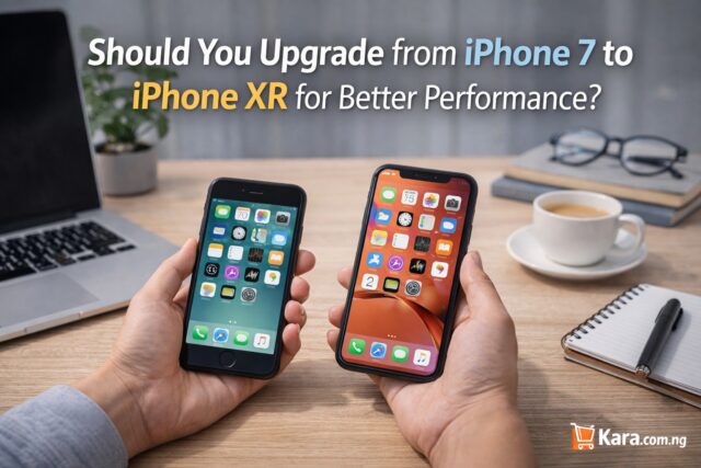 Comparison between iPhone 7 and iPhone XR held in hands on a modern desk workspace showing upgrade decision for better smartphone performance.