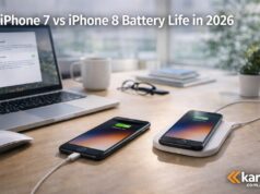 iPhone 7 vs iPhone 8: Which Has better iPhone battery life in 2026?” iPhone 7 and iPhone 8 on a desk showing battery charging comparison in a modern workspace for a 2026 battery life comparison guide