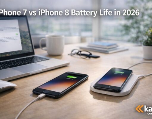 iPhone 7 vs iPhone 8: Which Has better iPhone battery life in 2026?” iPhone 7 and iPhone 8 on a desk showing battery charging comparison in a modern workspace for a 2026 battery life comparison guide