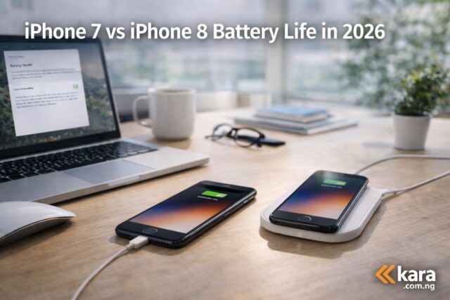 iPhone 7 and iPhone 8 on a desk showing battery charging comparison in a modern workspace for a 2026 battery life comparison guide