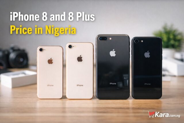 iPhone 8 and iPhone 8 Plus smartphones displayed on a desk showing their back design, illustrating the price guide for iPhone 8 and 8 Plus in Nigeria.