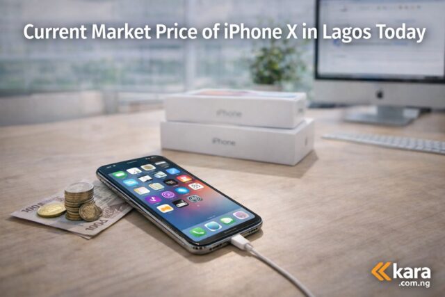 iPhone X placed on a desk with Nigerian naira notes and coins showing the current market price of iPhone X in Lagos today
