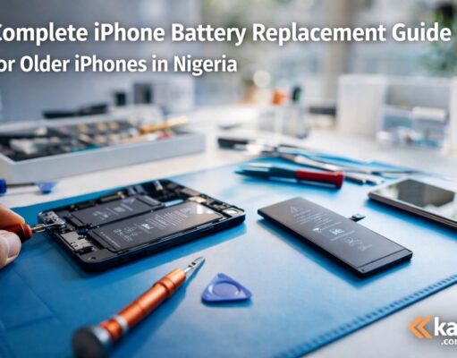 Complete iPhone Battery Replacement Guide for Older iPhones in Nigeria iPhone battery replacement for older iPhones in Nigeria showing a technician repairing an opened iPhone with tools and a replacement battery on a repair desk