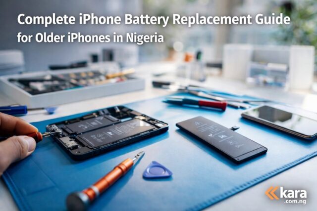 iPhone battery replacement for older iPhones in Nigeria showing a technician repairing an opened iPhone with tools and a replacement battery on a repair desk