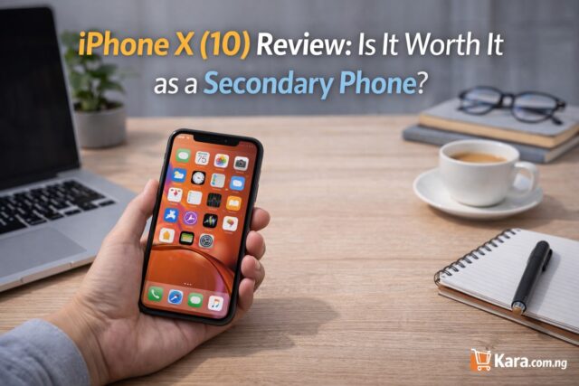 Person holding an iPhone X smartphone on a modern desk workspace with laptop and coffee cup while reviewing the phone as a secondary device.