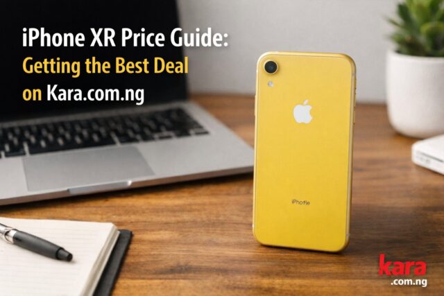 Yellow iPhone XR placed on a desk workspace beside a laptop illustrating the iPhone XR price guide and best deals on Kara.com.ng