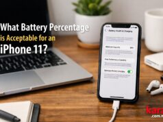 What is Acceptable for an iPhone 11 Battery Percentage? iPhone 11 showing battery health screen with maximum capacity percentage on a desk workspace illustrating acceptable battery percentage for used iPhone buyers