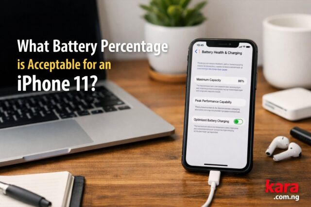 iPhone 11 showing battery health screen with maximum capacity percentage on a desk workspace illustrating acceptable battery percentage for used iPhone buyers
