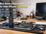 How to Avoid iPhone Battery Replacement Errors Technician workspace showing an opened older iPhone with battery replacement tools and a new battery beside it for an iPhone battery replacement guide.