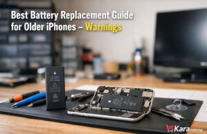How to Avoid iPhone Battery Replacement Errors Technician workspace showing an opened older iPhone with battery replacement tools and a new battery beside it for an iPhone battery replacement guide.