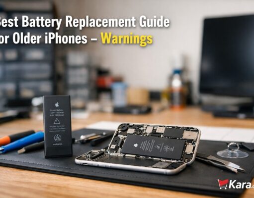 How to Avoid iPhone Battery Replacement Errors Technician workspace showing an opened older iPhone with battery replacement tools and a new battery beside it for an iPhone battery replacement guide.