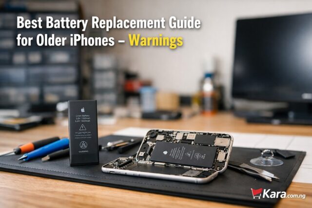 Technician workspace showing an opened older iPhone with battery replacement tools and a new battery beside it for an iPhone battery replacement guide.
