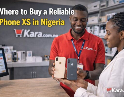 Where to Buy a Reliable iPhone XS in Nigeria? Kara.com.ng store staff showing iPhone XS phones to a customer inside a smartphone retail shop in Nigeria.