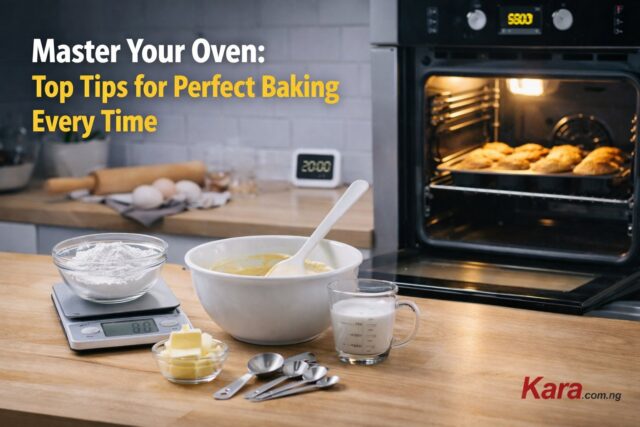 Modern kitchen scene with oven baking pastries and baking tools showing tips for perfect baking every time