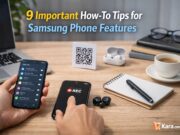 9 Important How-To-Tips for Samsung Phone Features Person using a Samsung smartphone to access phone features like screen recording and settings on a clean workspace desk with laptop and accessories.