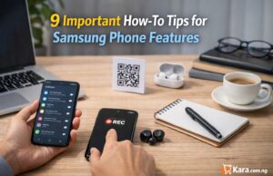 9 Important How-To-Tips for Samsung Phone Features Person using a Samsung smartphone to access phone features like screen recording and settings on a clean workspace desk with laptop and accessories.