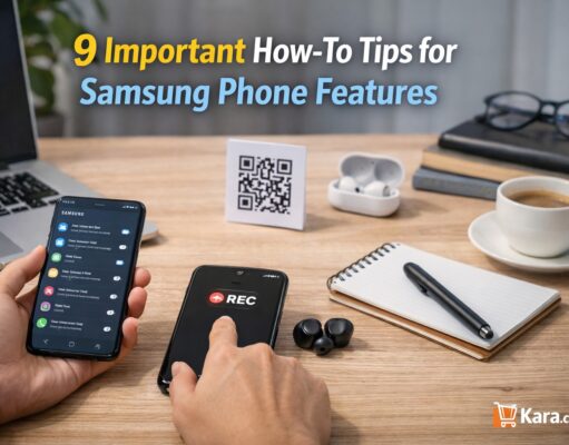 9 Important How-To-Tips for Samsung Phone Features Person using a Samsung smartphone to access phone features like screen recording and settings on a clean workspace desk with laptop and accessories.