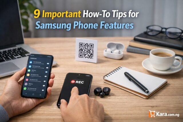 Person using a Samsung smartphone to access phone features like screen recording and settings on a clean workspace desk with laptop and accessories.