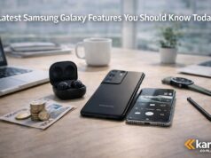 Latest Samsung Galaxy features you should know today Samsung Galaxy smartphones with accessories on a modern workspace desk showing the latest Samsung Galaxy features available today