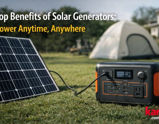 Top Benefits of Solar Generators Portable solar generator connected to solar panels outdoors showing clean energy power solution for homes and outdoor use