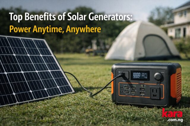 Portable solar generator connected to solar panels outdoors showing clean energy power solution for homes and outdoor use