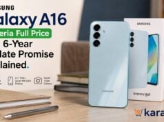 Samsung Galaxy A16 light blue smartphone standing upright beside its retail box on a wooden desk, with text overlay reading "Samsung Galaxy A16 Nigeria Full Price and 6-Year Update Promise Explained" — kara.com.ng